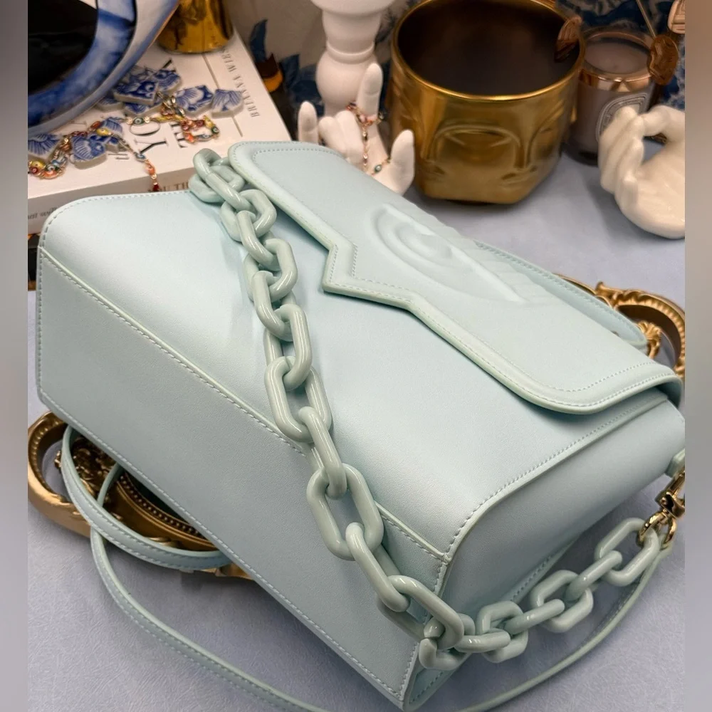 🆕 CHIARA FERRAGNI 🧿 NWOT Pale Blue Eyelike Tote Bag, Top Handle, Chain & Strap